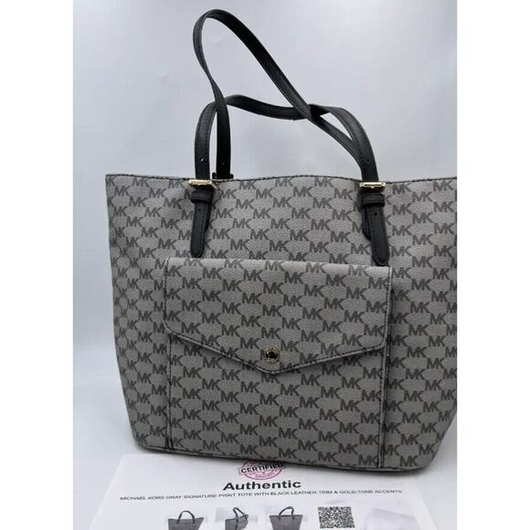 Authenticated Michael kors Gray Black Signature Logo Leather Trim Tech Tote Bag - Picture 1 of 16